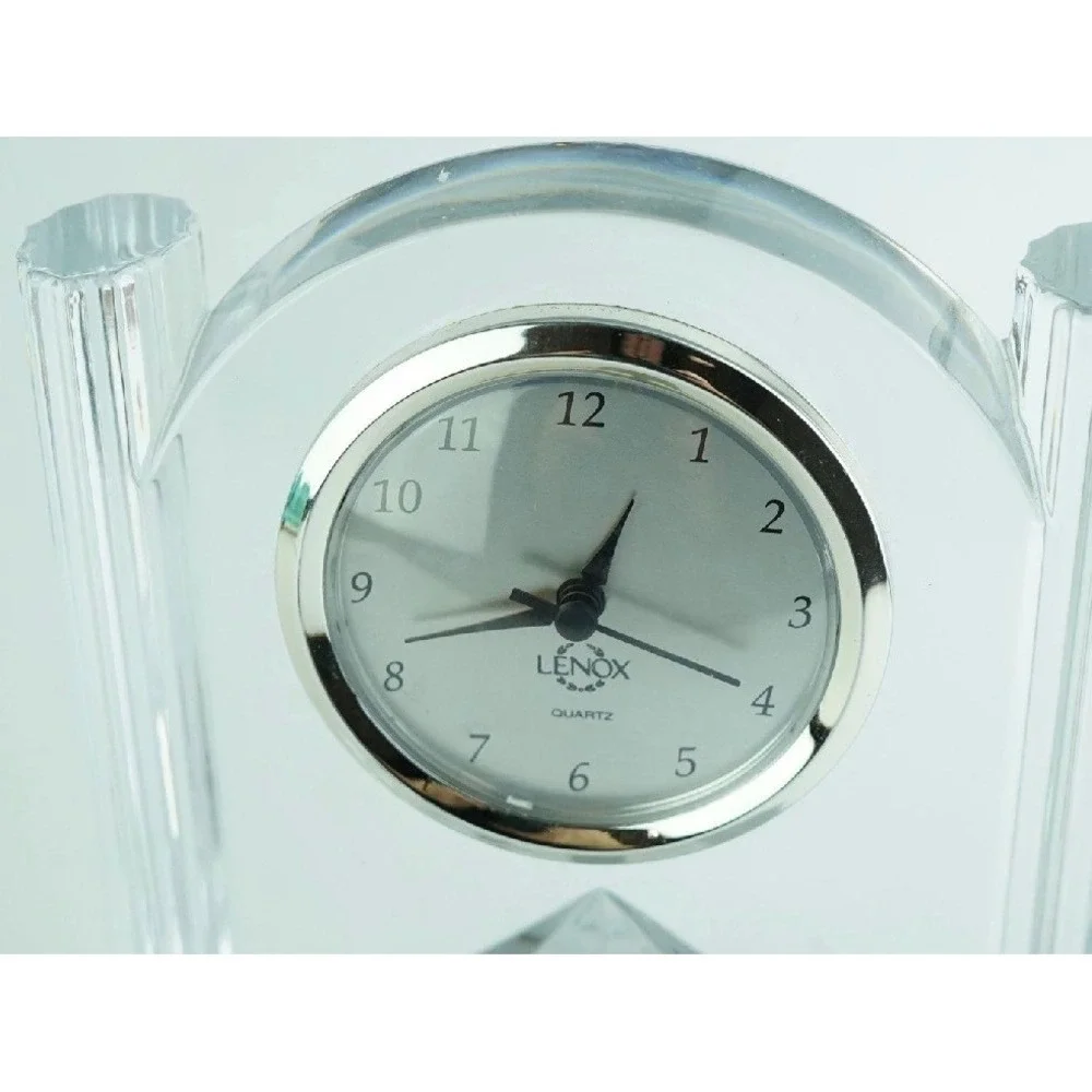 Lenox Generations Crystal Desk Clock Silver Bezel Quartz Pyramid Base 6.5in